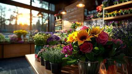 A flower shop with a variety of flowers on display