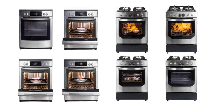 Modern Stainless Steel Gas Oven with Multiple Angles and Features