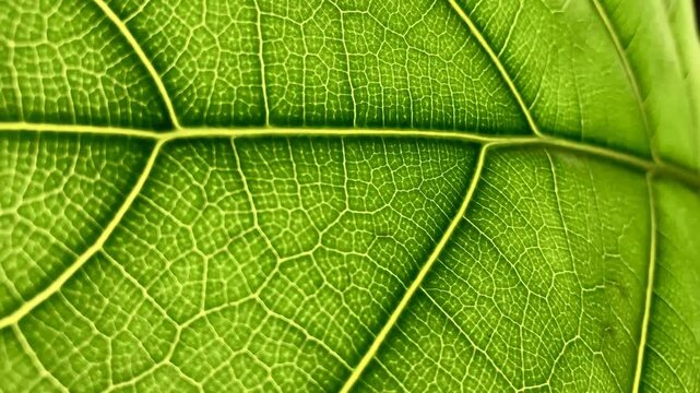 4K close-up video of a vibrant green fiddle-leaf fig leaf slow-motion in backlight, highlighting glowing plant cells and natural textures