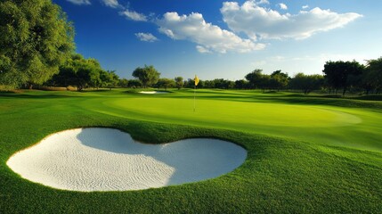 Sunny desert golf course green, sand trap, putting