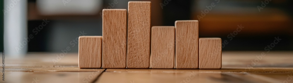 Poster a series of wooden blocks arranged in varying heights on a table, creating a visual representation o