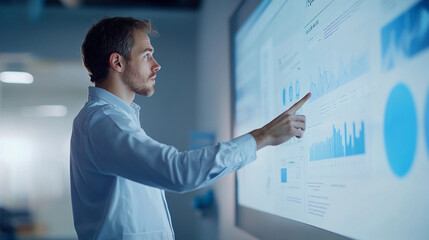 Teacher explains data analytics concepts in a modern classroom setting. Generative AI