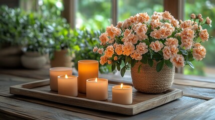 Obraz premium Serene Candles and Peach Roses: A Tranquil Home Setting