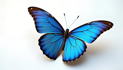 Fototapeta premium Vibrant blue morpho butterfly with intricate wing details, showcased against a clean white background. A stunning display of nature's artistry.