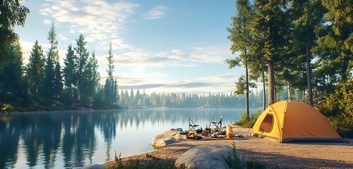 fishing gear by camping tent in forest