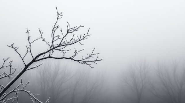 Frosty branches in foggy winter landscape.