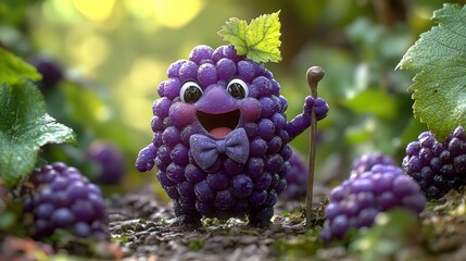 A cheerful, cartoonish grape character stands amidst grapes in a vibrant, natural setting.