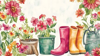 Watercolor Garden Scene with Flowers Pots and Boots