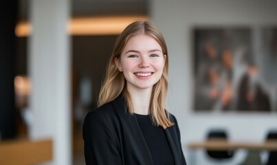 Obraz premium A young, smiling, confident businesswoman standing in a corporate office.