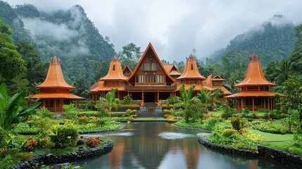 Naklejka premium A serene tropical resort with traditional architecture surrounded by lush greenery and water features.