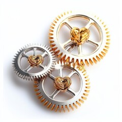 Interlocking gears, gold and silver, with heart details