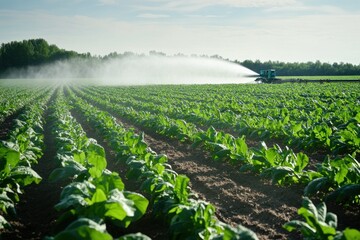 Irrigation system actively waters lush tobacco fields to promote healthy crop growth under clear sky