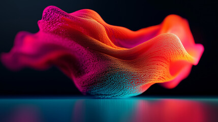 Holographic colorful shape fluidly morphing in a dark environment with vibrant hues and dynamic texture patterns