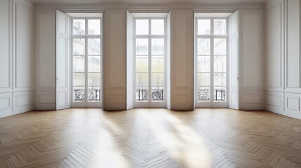 Obraz premium A large room with three French doors and herringbone wood floors