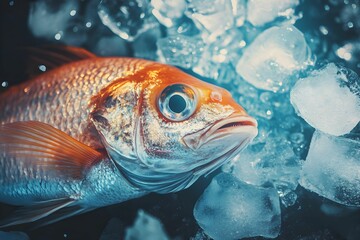 Fototapeta premium Freshly caught fish resting on ice ready for market sale in early morning light