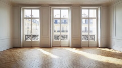 Fototapeta premium A large room with three French doors and herringbone wood floors