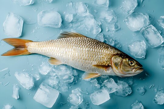 Fresh fish laid on ice coubes, 新鲜的鱼 