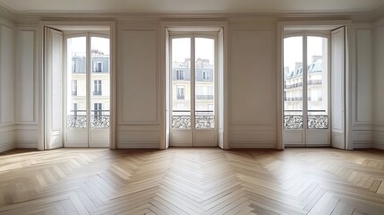Fototapeta premium A large room with three French doors and herringbone wood floors