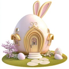 Pink Easter egg house with bunny ears, gold accents, and spring flowers