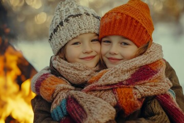 Two children, bundled in colorful scarves and mittens, share a joyful hug by a crackling fire. The warm glow contrasts with the cold winter backdrop, creating a heartwarming moment