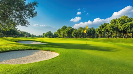 Sunny golf course green, sand trap, flag, trees, summer day, advertising