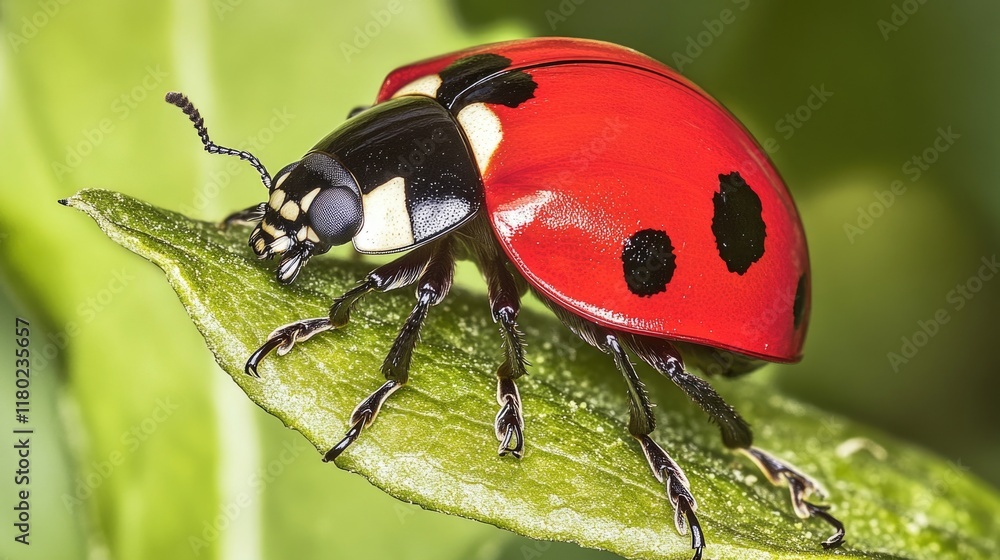 Aufkleber a ladybug sits on the edge of a green leaf, showcasing its tiny size and vibrant color