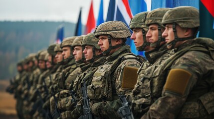 Fototapeta premium Soldiers from various nations demonstrate teamwork during a joint military exercise in a training area