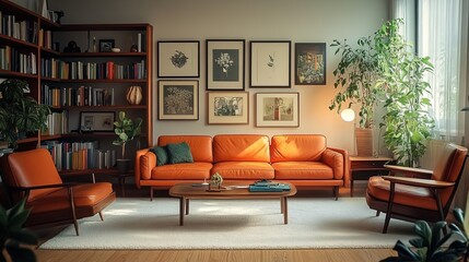 A mid-century modern living room with an orange leather couch, bookshelves, and a large white rug.