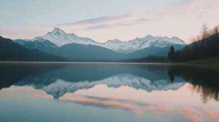 Snow-capped mountains reflect on a tranquil lake at dawn, with pastel skies enhancing the serene, ethereal beauty of the landscape.