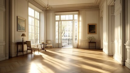 Fototapeta premium The hallway of an apartment in Paris, France, with white walls and parquet flooring, is bathed in natural light from large windows