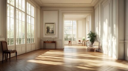 Fototapeta premium The hallway of an apartment in Paris, France, with white walls and parquet flooring, is bathed in natural light from large windows