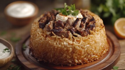 Scrumptious Lamb Rice Dish with Yogurt Dip
