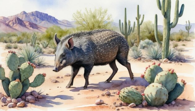 Colorful watercolor illustration of a javelina wandering through a desert landscape with cacti under a bright day sky