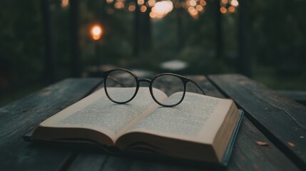 Open book with glasses on wooden table outdoors.
