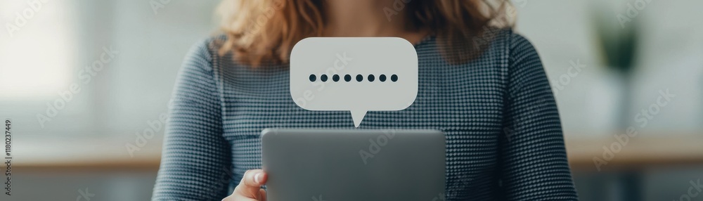 Poster a person holding a tablet with a speech bubble containing dots, suggesting a message or password ent