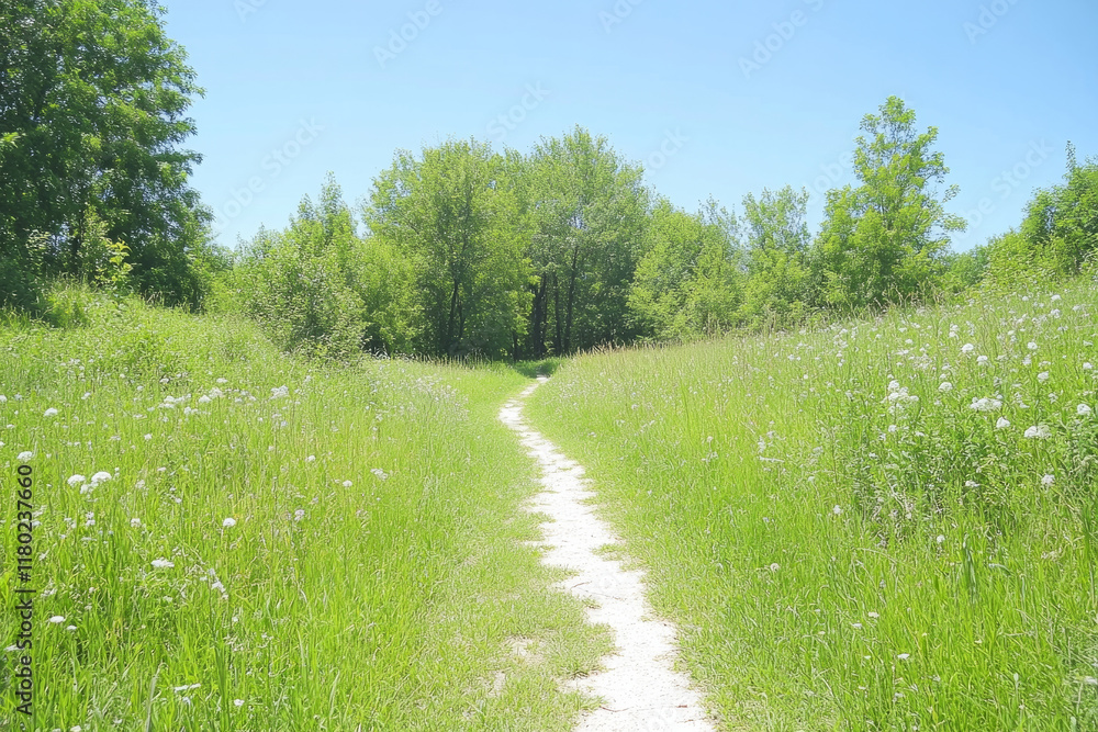 Poster a path winds through a grassy field with trees in the background