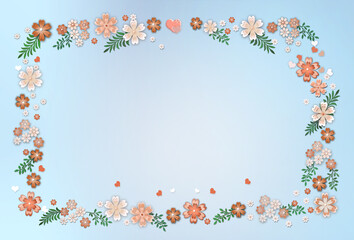 Floral frame card template with peach ,terracotta ,white  tiny flowers  and hearts on light blue background. Free copy space.