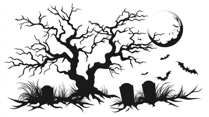 Halloween Tombstones Silhouette - Spooky Halloween scene, tombstones, barren tree, full moon, bat, minimalist art. Symbolism: death, mystery, Halloween, the afterlife, spooky season.