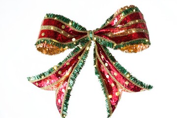 A decorative bow in red, green, and gold colors placed on a plain white background