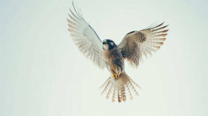 Obraz premium A falcon in flight, wings spread wide against a bright sky.