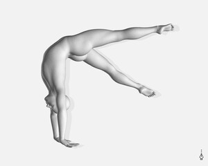 Man making one arm handstand. Gymnast. 3D model of human body. Sports symbol for fitness studio, dance class, yoga or aerobics classes. Vector illustration. 