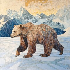 A bear walks through a snowy field, its footprints leaving tracks in the fresh powder
