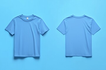 A plain blue color t-shirt mockup from the front and back on a light blue background. The shirt has short sleeves and a round neckline, showcasing a simple and clean design.