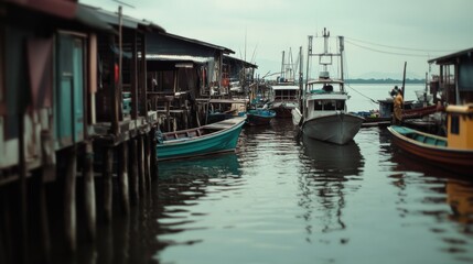 Fototapeta premium Fishing boats rest at a quiet dock village on a serene, cloudy day, capturing a scene of tranquility and timeless simplicity.