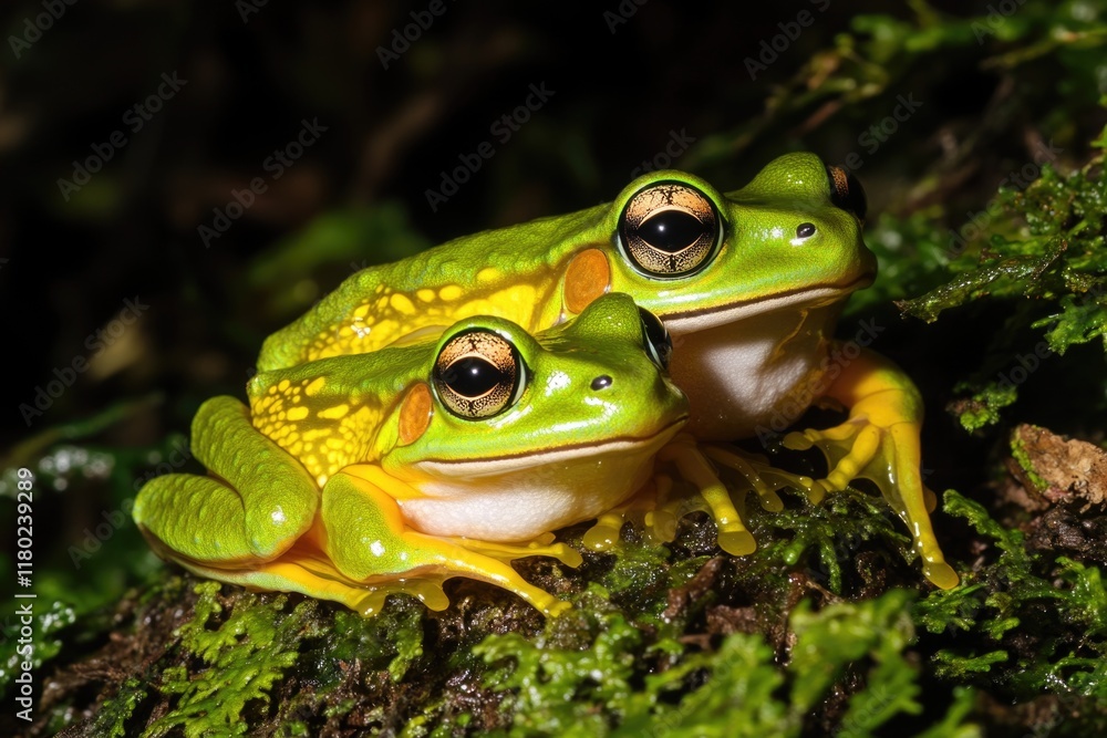 Poster a pair of frogs perched on the branch of a tree, enjoying the view