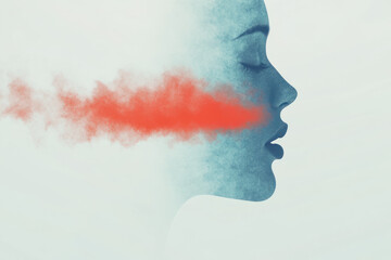 A woman's face is shown with a red cloud of smoke coming out of her mouth