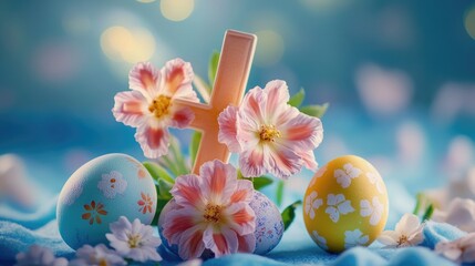 Christian symbol with decorated Easter eggs on a light blue fabric background