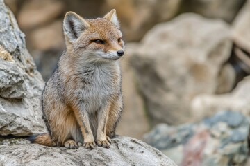 A small fox sits on the top of a rock