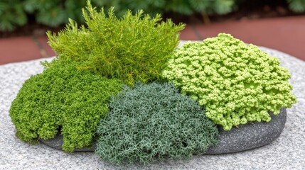 Potted plants, various colors, on a stone. Possible use Garden design.