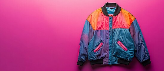 Fototapeta premium Vintage 80s Color Block Bomber Jacket on Pink Background